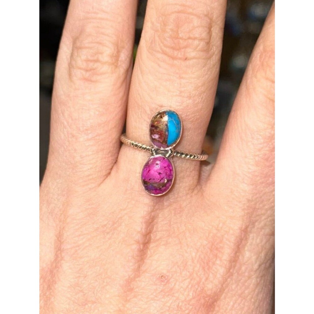 Pink Oyster Turquoise 2 Stone .925 Sterling Silver Stacker Ring Size 8.5